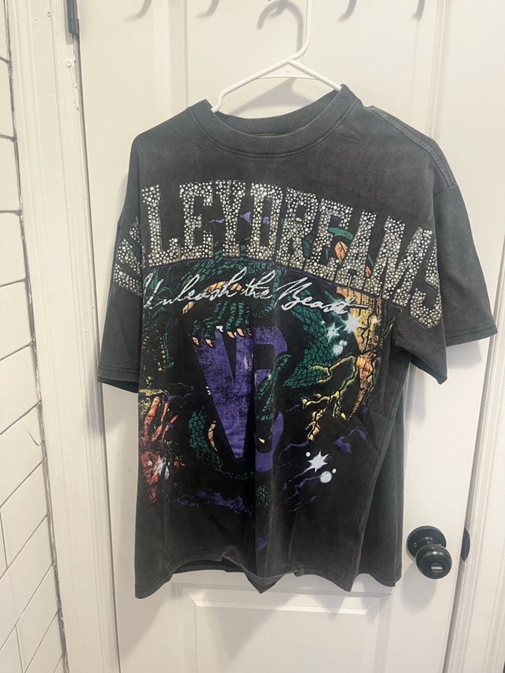 Black Graphic Short Sleeve Tee with Rhinestone Detail